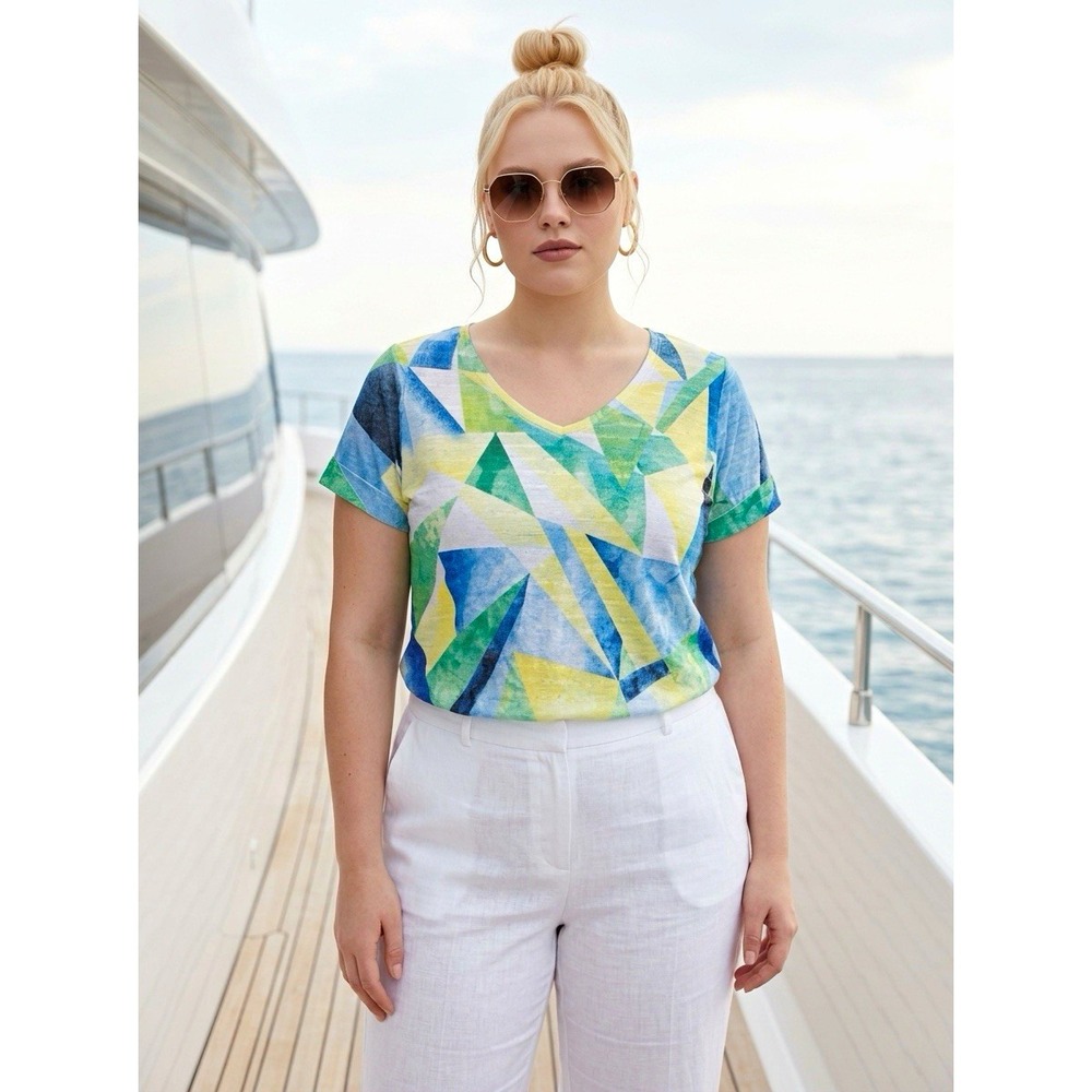JM Collection Women’s Multicolor Geometric Knit V-Neck Short Sleeve Top L